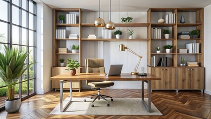 Minimalist Modern Office: Wood Desk, Geometric Bookshelf, Metal Accents - Stock Photo