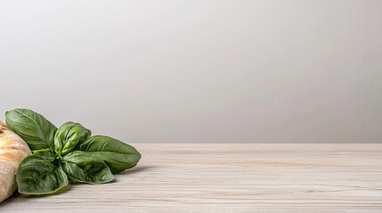 Fresh basil leaves and baked bread on a light table.