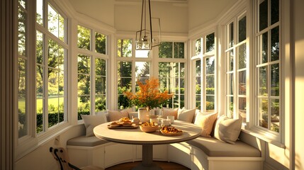 Sun-drenched bay window breakfast nook with outdoor views.