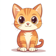 A cute, chubby cat with big eyes, a small smile, and rosy cheeks sits against a white background, casting a small shadow.