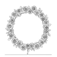 Wreath of roses illustrated in line art style with empty center 