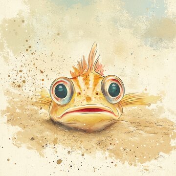 Cute, curious fish illustration, resting in the sand