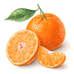A whole realistic mandarin placed beside a single segment, with its smooth orange skin and the segment revealing its juicy, vibrant flesh.