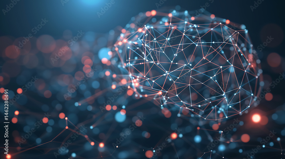 Poster abstract digital brain formed by a glowing blue and orange network of lines and nodes, with bokeh pa