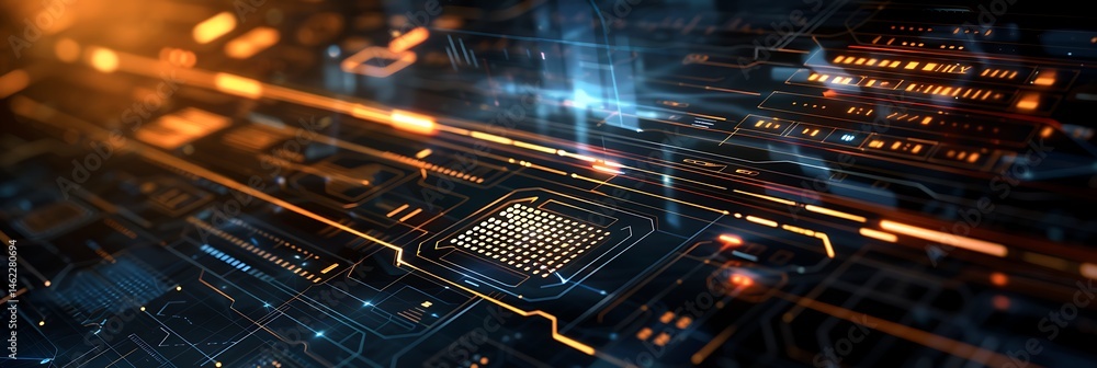Poster close-up of a glowing gold microchip or processor on a dark circuit board with orange and blue light