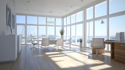 Fototapeta premium Bright, modern office interior with panoramic views.