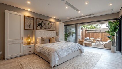 Modern bedroom with patio access, luxury design, neutral tones, calm background