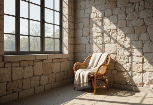 A corner interior with a woven wooden chair draped with a soft blanket, set against a light stone wall. 