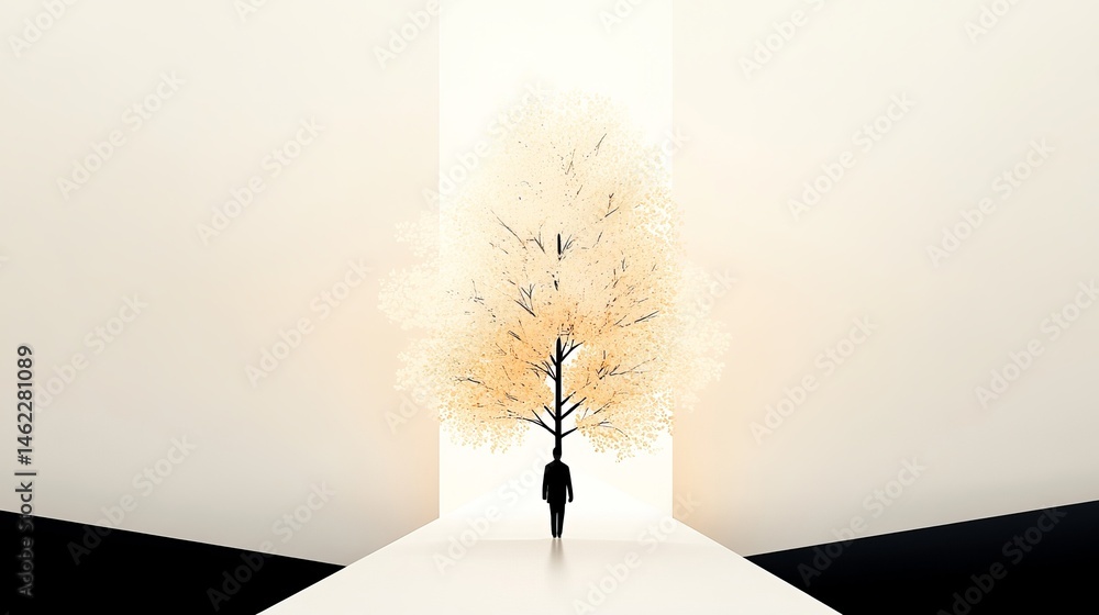 Poster silhouette of a person is walking towards a radiant tree within an illuminated tunnel.