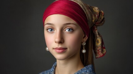 Obraz premium Girl in Headscarf: A Classic Portrait with Pearl Earrings