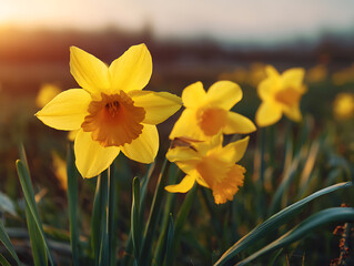 Natural daffodils in a vibrant springtime landscape