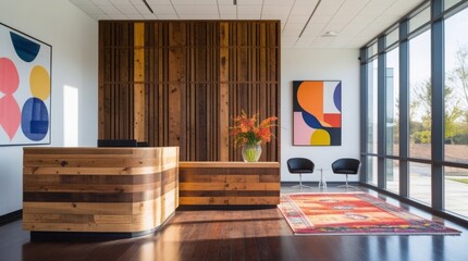  Modern reception area in a bright office with natural lighting, wooden accents, and bold color details