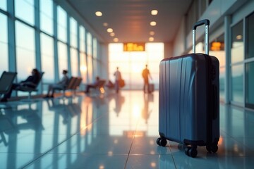 Modern roller suitcase, sleek design, airport setting, elegant, smooth