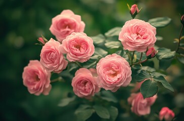 Beautiful blooming pink roses with lush green leaves in soft natural light, perfect for floral arrangements or background in artistic projects