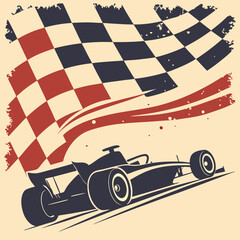Grunge-style race car silhouette with checkered flag background, perfect for motorsport-themed digital art or apparel.