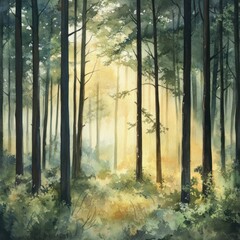 Obraz premium Sunlight filters through a dense forest, painting the path with golden light. A tranquil woodland scene