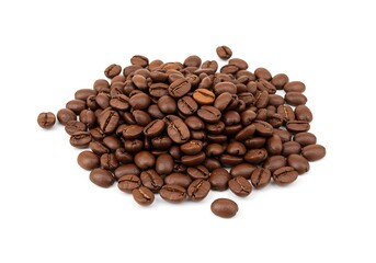 A pile of roasted brown coffee beans scattered on a white surface in a centered composition view