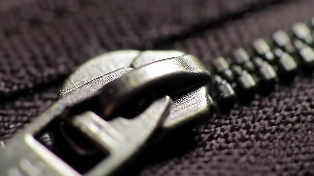 Close-up of a metal zipper slider on dark fabric.  Detailed texture visible