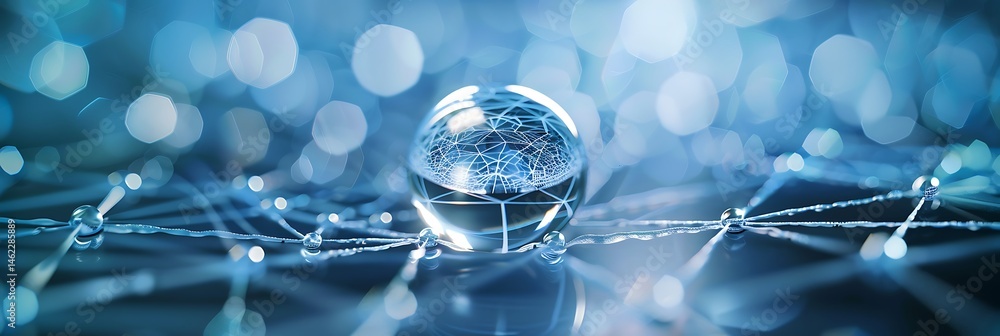 Poster clear glass orb reflecting a network, resting on interconnected glowing lines with blue bokeh backgr