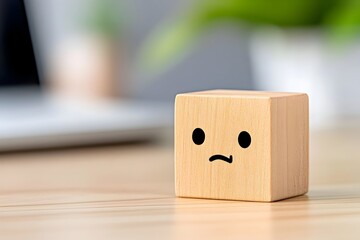 A wooden cube with a sad face sits on a desk