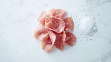 Fototapeta premium Freshly Sliced Prosciutto with Sea Salt on Marble Background