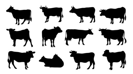 set of cows silhouette vector on tranparent background