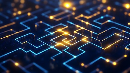 Obraz premium Abstract network, glowing blue and gold lines forming intricate pathways on a dark background