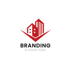 Real estate building and rooftop logo.