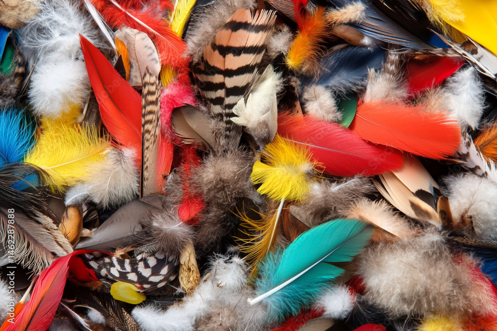 Poster colorful collection of various feathers showcasing vibrant patterns and textures in a close-up view
