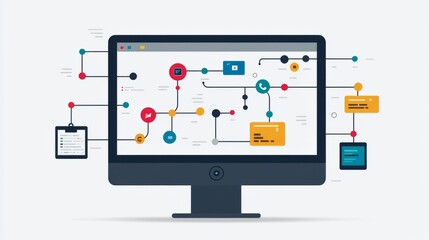 A detailed workflow diagram displayed on a computer monitor, showcasing business processes and their optimization steps