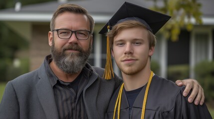 Fototapeta premium A father and his son pose together outside as the son wears a graduation cap and gown. They share a moment of pride and accomplishment in this joyful family gathering