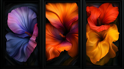 Three Framed Hibiscus Flowers In Vibrant Colors