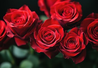 Fototapeta premium Beautiful close-up of vibrant red roses arranged elegantly, showcasing their delicate petals and lush green foliage, perfect for romantic themes and floral designs