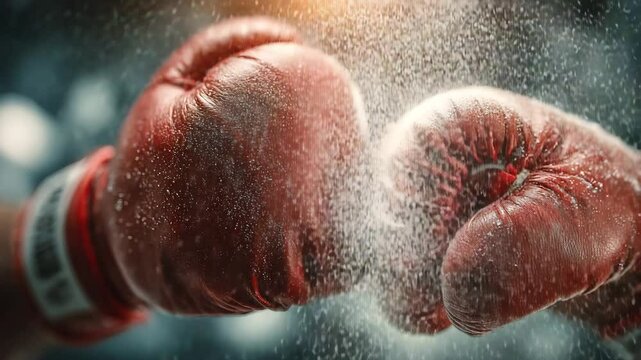 Close-Up of Red Boxing Gloves in Action with Dust and Motion Blur