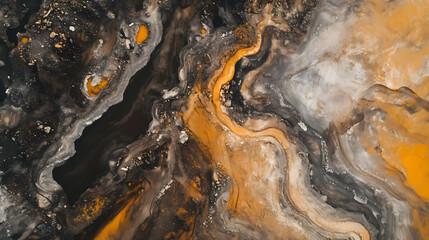 Abstract Aerial Landscape Swirling Black Grey and Orange Earth Textures
