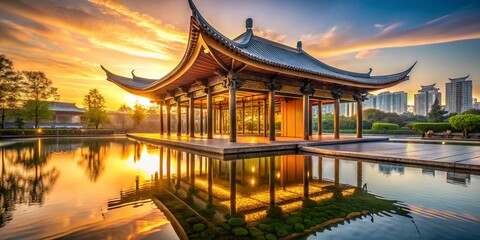 Obraz premium Modern Chengdu Pavilion Architecture: Stunning Sunset Silhouette