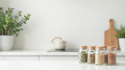 serene kitchen scene featuring glass jars filled with various spices, complemented by greenery and minimalist design
