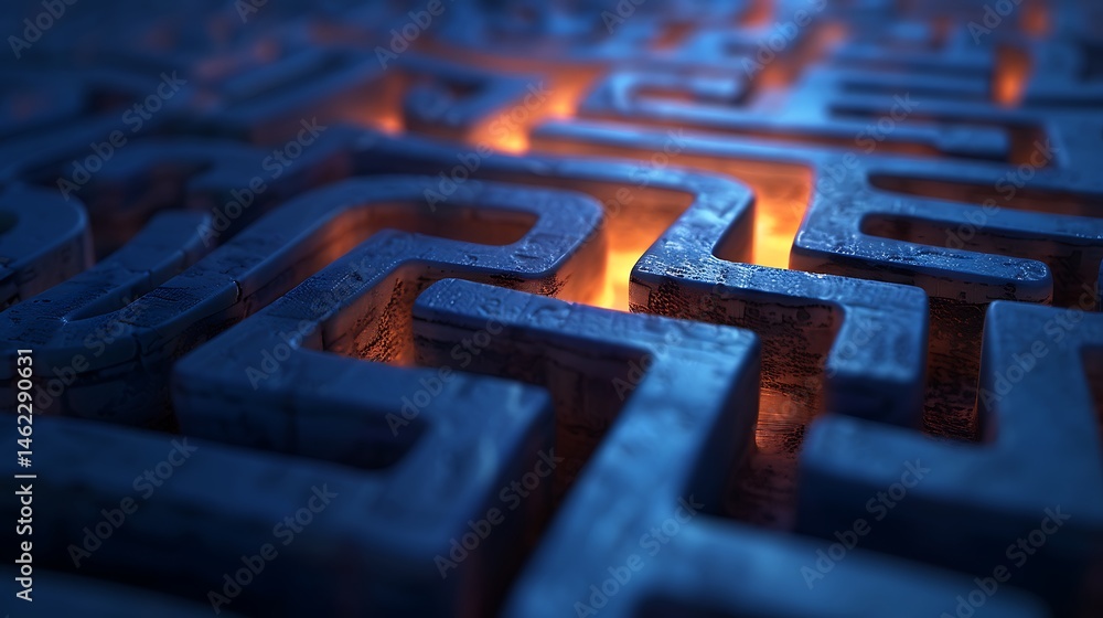 Poster close-up of a metallic maze structure with glowing orange light emanating from its complex paths. la
