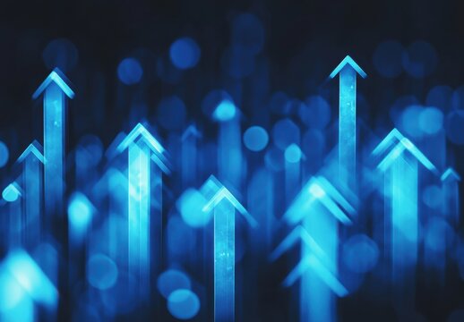 Abstract digital background with glowing blue arrows pointing upward