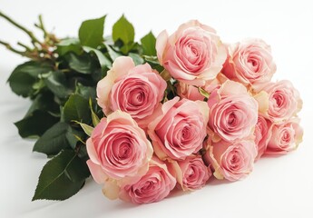 Fototapeta premium Beautiful pink roses arranged elegantly on a white background showcasing delicate petals and vibrant green leaves for floral decoration or gift ideas.