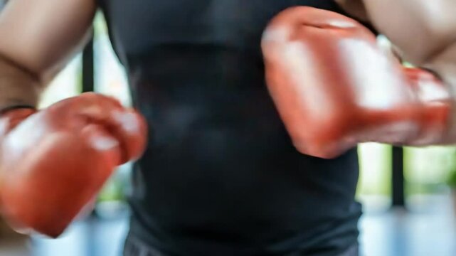 Close-Up of Boxer Preparing for Match in Red Boxing Gloves