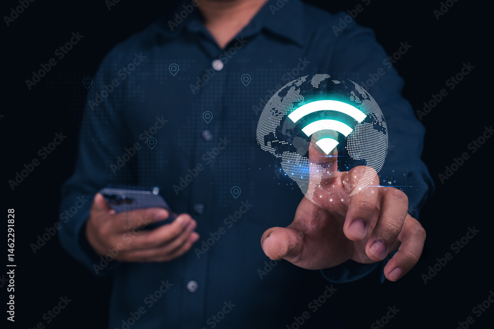 Poster exploring global connectivity wi-fi interaction digital space technology innovation
