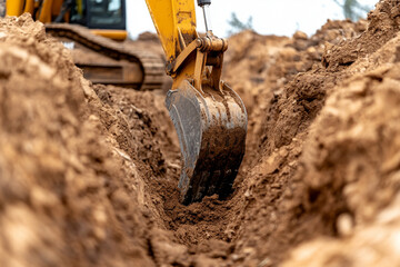 Fototapeta premium Heavy-duty excavator efficiently digging a trench to prepare for construction at a job site