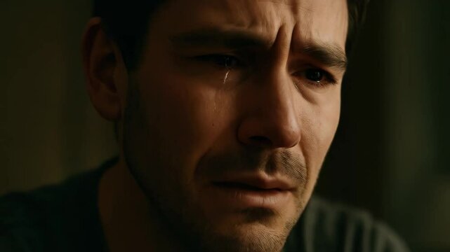 Man closes eyes and trembles, silent grief furrows brow in dark room, silent grief pools beneath lashes, silent grief speaks without words. Concept of private pain.