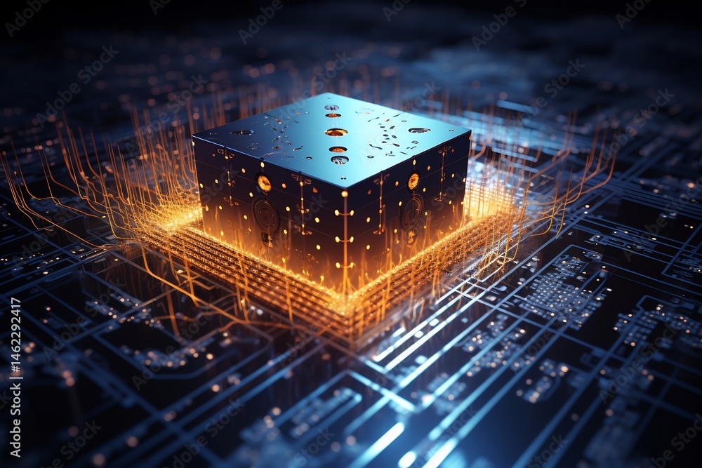 Poster advanced computing core with glowing conduits representing data transmission