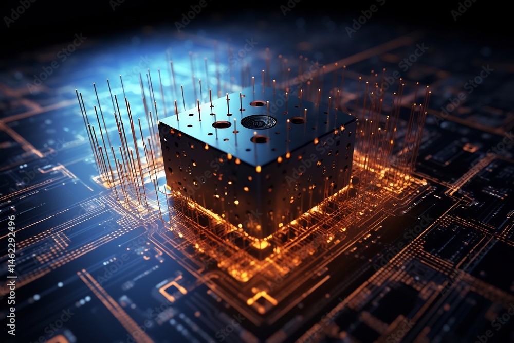 Poster advanced processor unit illuminating circuit board, futuristic technology design