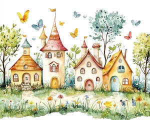 Fototapeta premium Hand-painted illustrations showcasing whimsical fairy houses surrounded by lush gardens.