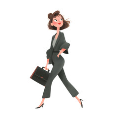 Stylized businesswoman walks confidently holding a briefcase, dressed in a fashionable pantsuit.