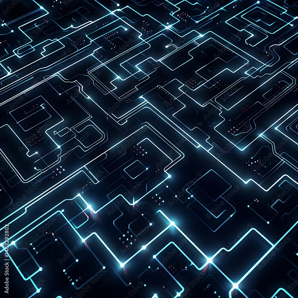 Poster abstract dark background with a network of glowing blue circuit-like lines and nodes. technology, da