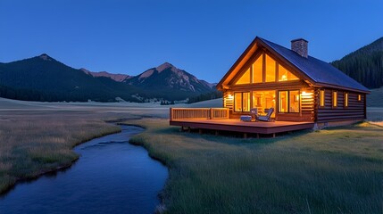 Fototapeta premium Illuminated mountain cabin by a stream at dusk
